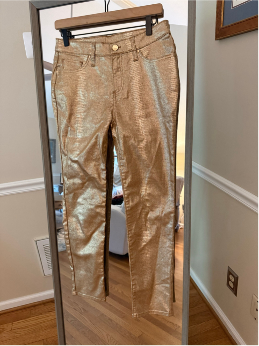 Women's Chico's Gold Metallic Snake Print Skinny Pants Size 4